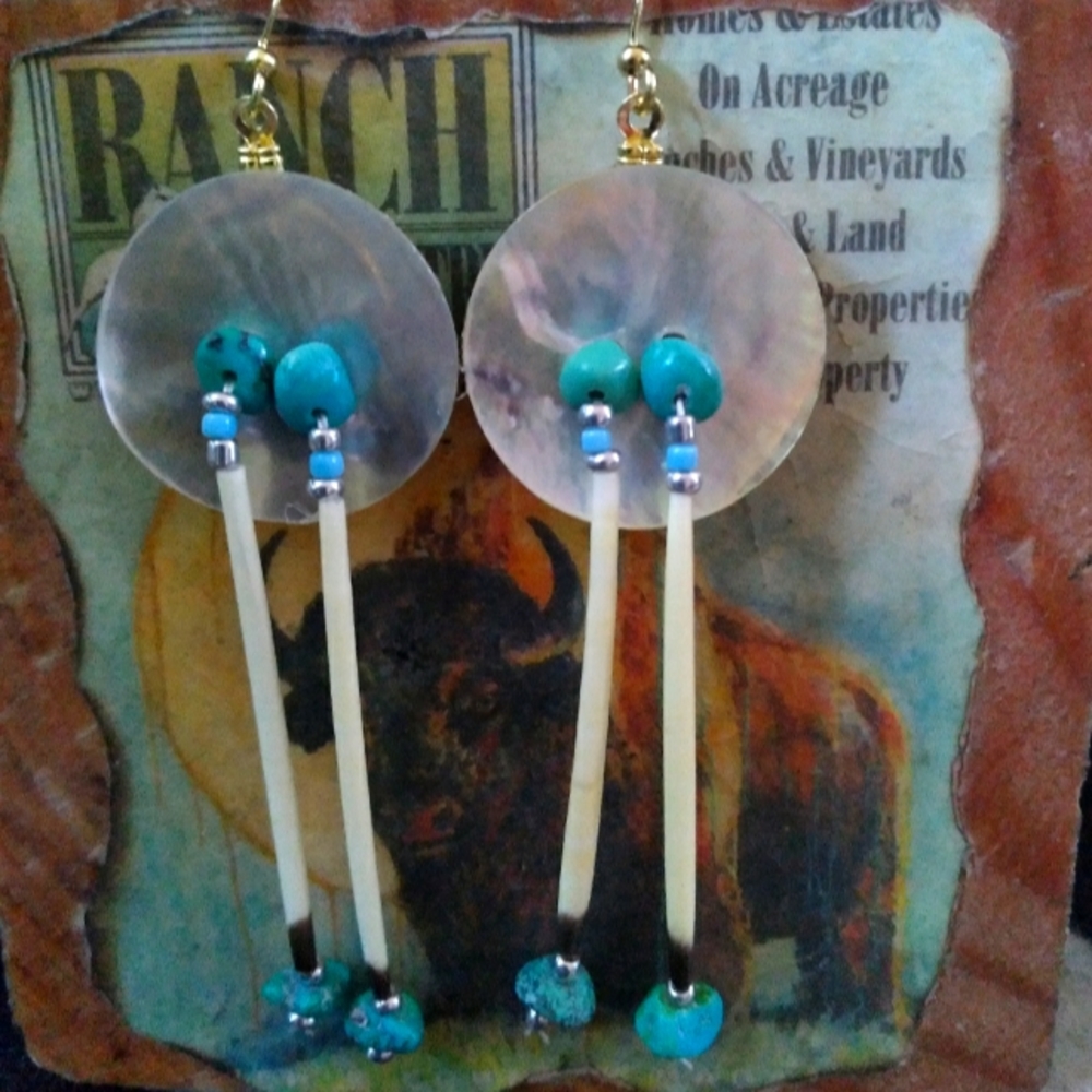 Native american shell,turquoise and quill earrings